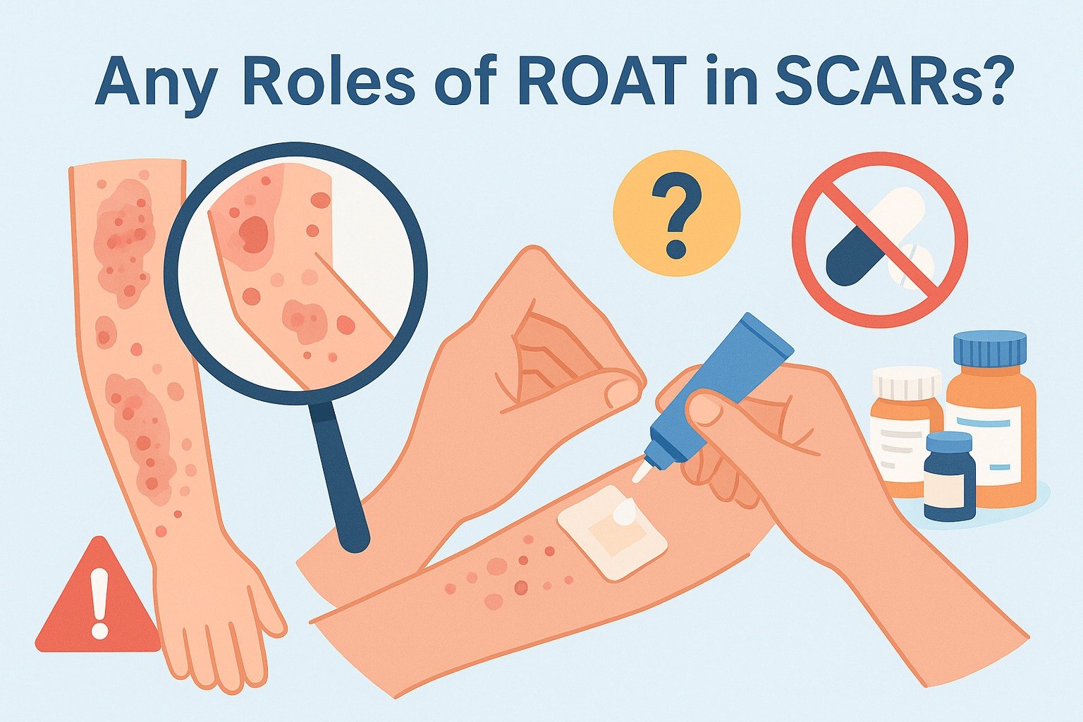 Illustration symbolizing drug allergy testing with ROAT in severe cutaneous adverse reactions (SCARs) such as DRESS, AGEP, and FDE