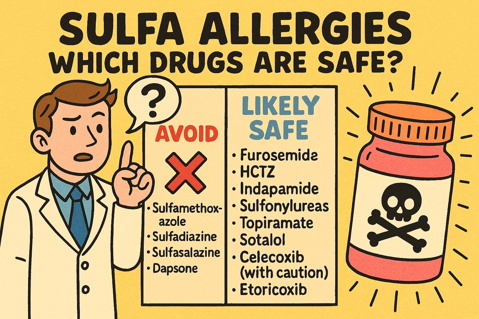 Infographic on sulfa allergies showing safe versus avoid drug lists, including furosemide, HCTZ, sulfonylureas, celecoxib, etoricoxib, and high-risk drugs like sulfamethoxazole, sulfadiazine, sulfasalazine, and dapsone.
