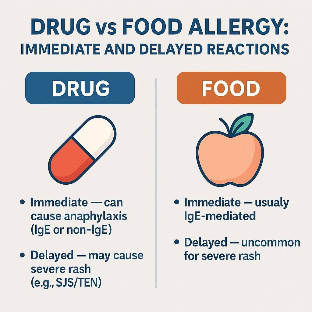 Infographic comparing drug vs food allergy: immediate (anaphylaxis) and delayed reactions; SJS/TEN uncommon with food.