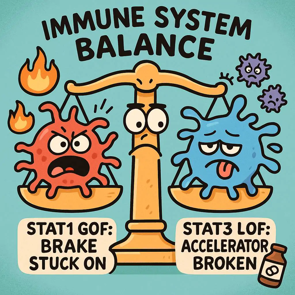A humorous cartoon showing the immune system as a see-saw — on one side, overactive red immune cells labeled “STAT1 GOF: Brake Stuck On,” and on the other, sleepy blue immune cells labeled “STAT3 LOF: Accelerator Broken.” A tiny medicine bottle labeled “JAK Inhibitor” tries to balance them.