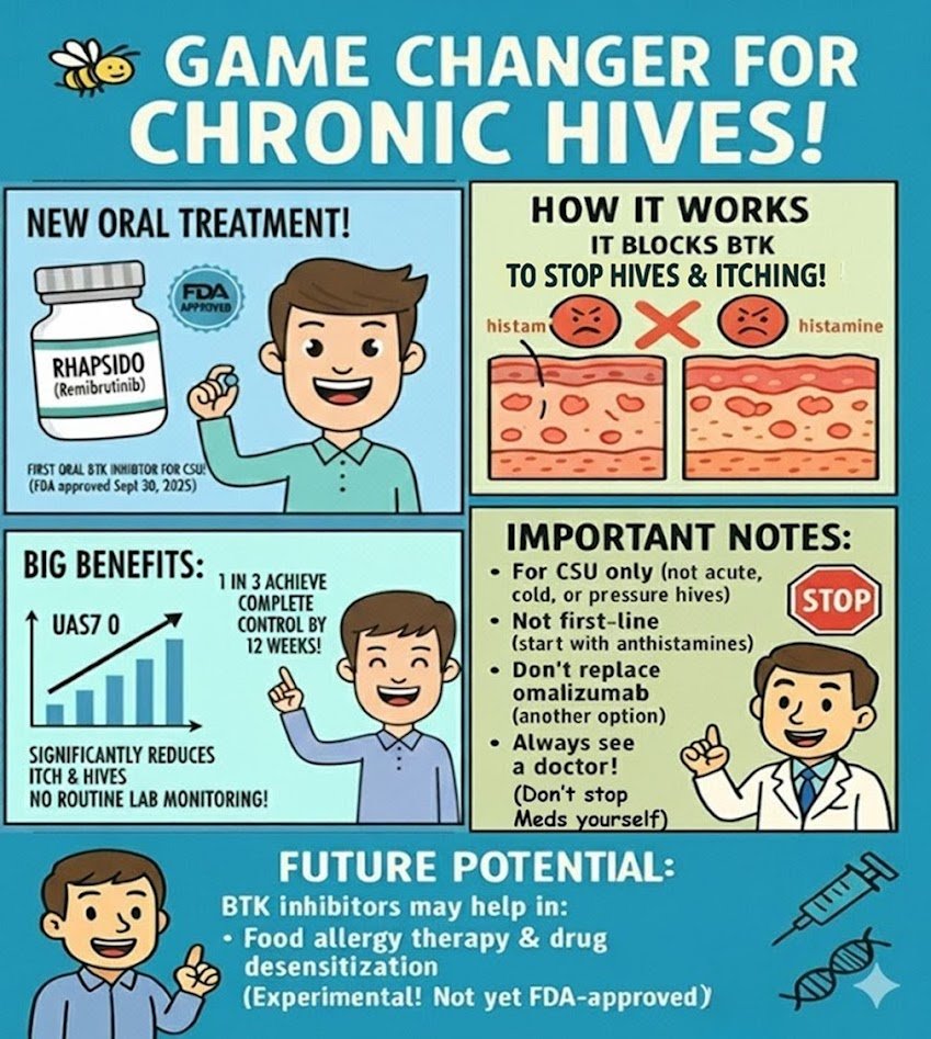 FDA approval of Rhapsido (remibrutinib), the first oral BTK inhibitor pill for chronic spontaneous urticaria (CSU).
