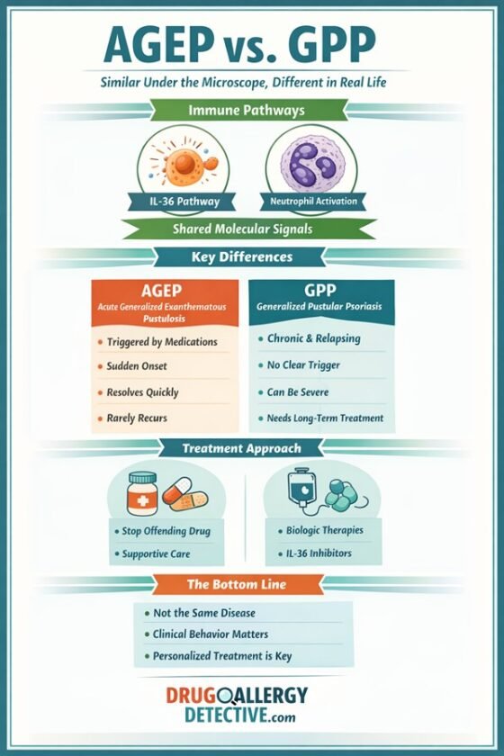 Comparison of AGEP and GPP showing shared immune pathways and key clinical differences.