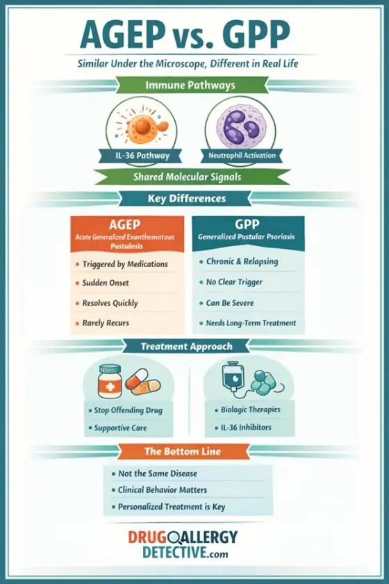 Comparison of AGEP and GPP showing shared immune pathways and key clinical differences.