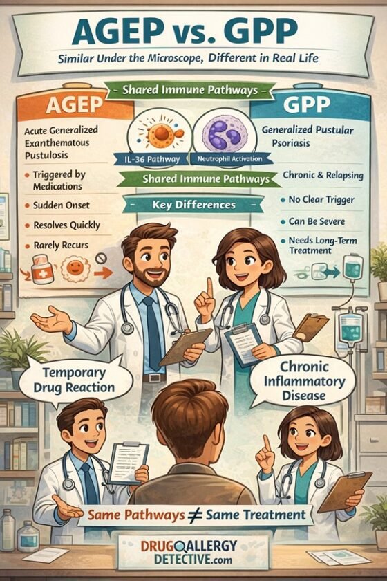 Illustration comparing AGEP and GPP, highlighting shared immune pathways and key clinical differences.