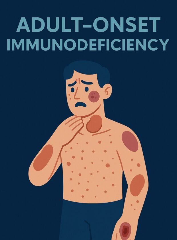 Illustration of an adult man with multiple skin lesions representing clinical signs of adult-onset immunodeficiency.
