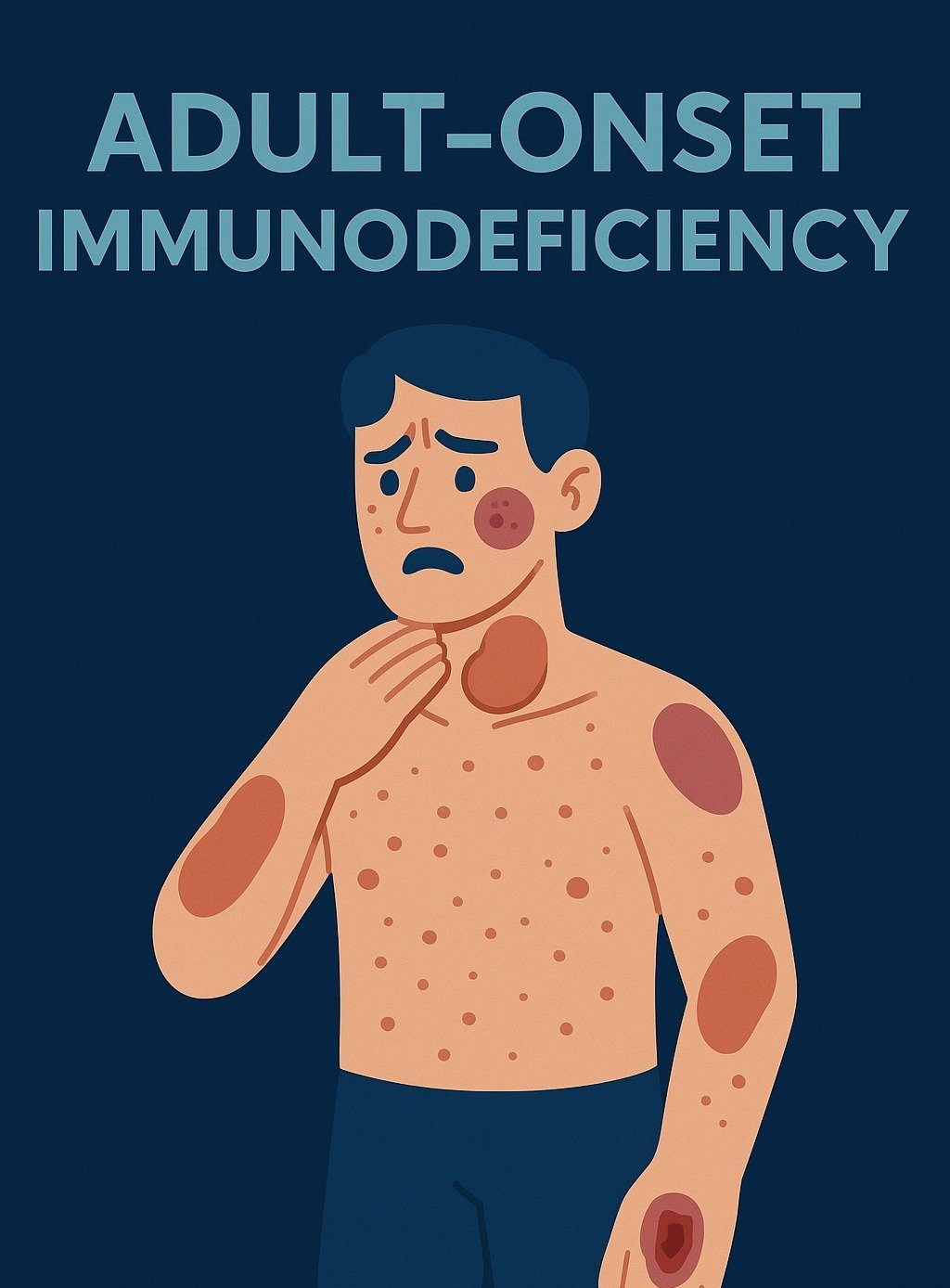 Illustration of an adult man with multiple skin lesions representing clinical signs of adult-onset immunodeficiency.