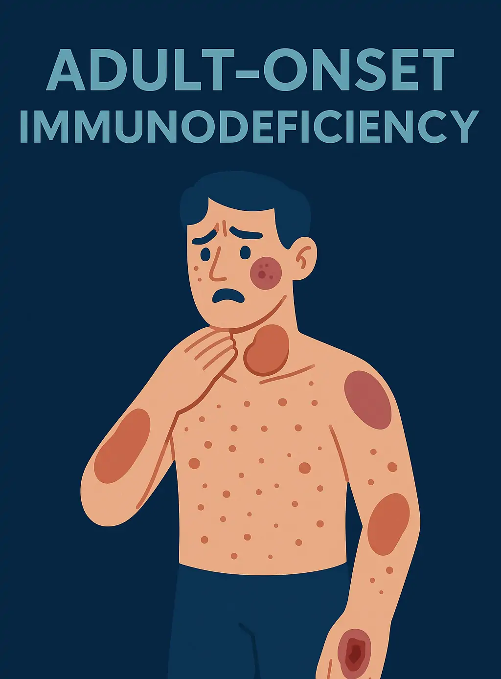 Illustration of an adult man with multiple skin lesions representing clinical signs of adult-onset immunodeficiency.