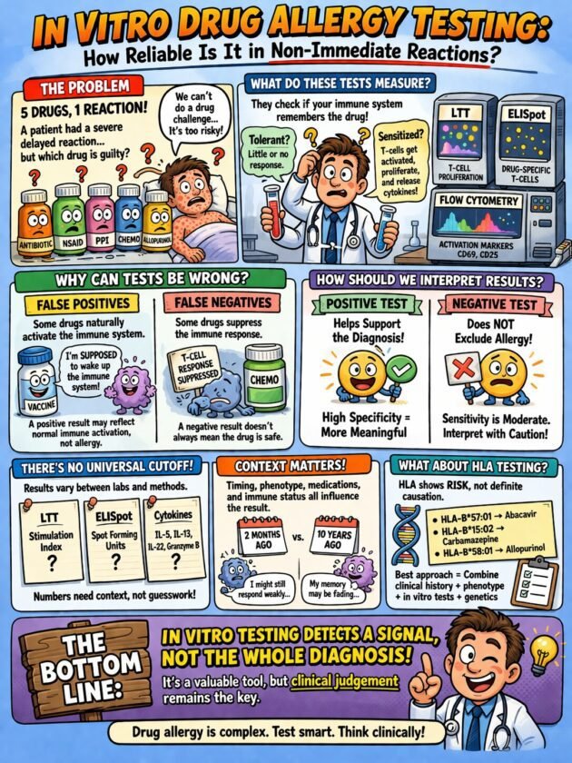 Cartoon of a doctor interpreting in vitro drug allergy testing with false positive and false negative results in non-immediate reactions