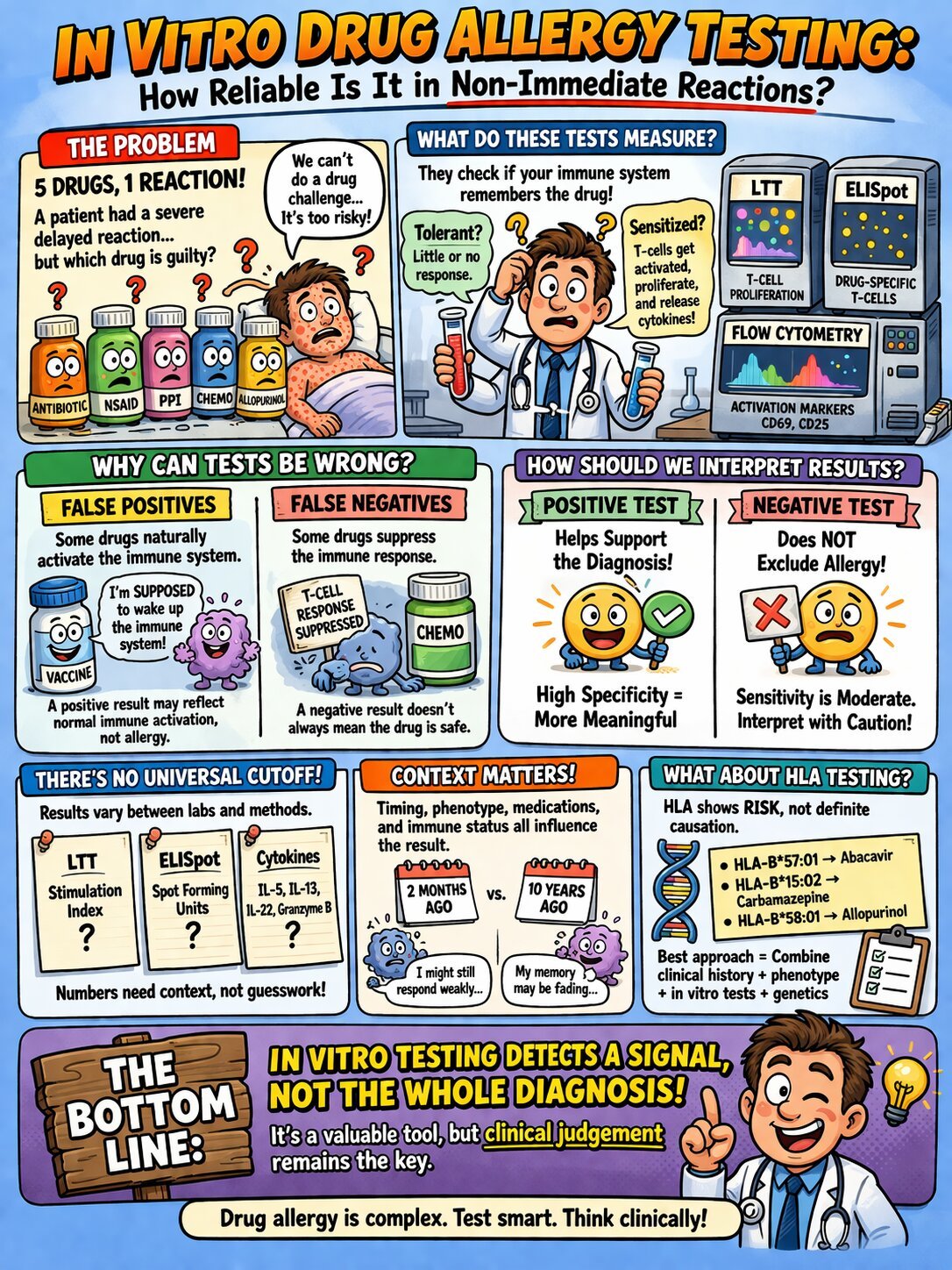 Cartoon of a doctor interpreting in vitro drug allergy testing with false positive and false negative results in non-immediate reactions