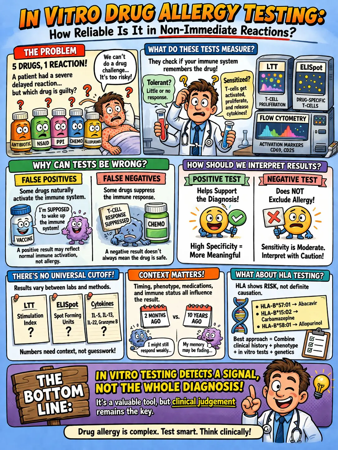 Cartoon of a doctor interpreting in vitro drug allergy testing with false positive and false negative results in non-immediate reactions