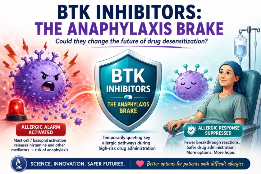 Illustration showing BTK inhibitors as a temporary “anaphylaxis brake” that may reduce immediate allergic reactions during high-risk drug administration and drug desensitization.