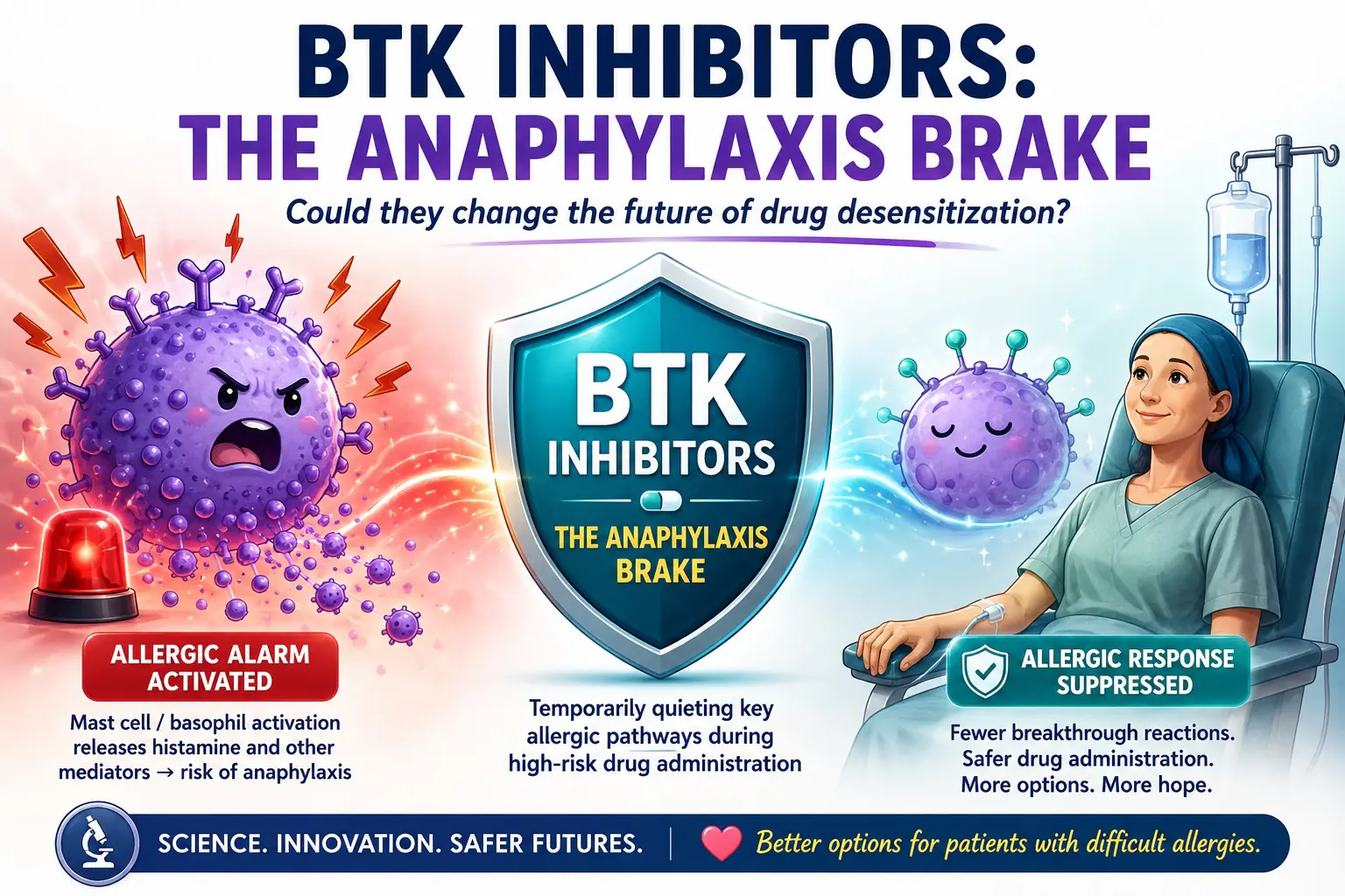 Illustration showing BTK inhibitors as a temporary “anaphylaxis brake” that may reduce immediate allergic reactions during high-risk drug administration and drug desensitization.