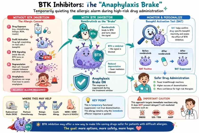 Infographic illustrating how BTK inhibitors may temporarily suppress immediate allergic reactions during high-risk drug administration by inhibiting mast-cell and basophil activation, with potential applications in drug desensitization and monitoring using basophil activation testing (BAT).